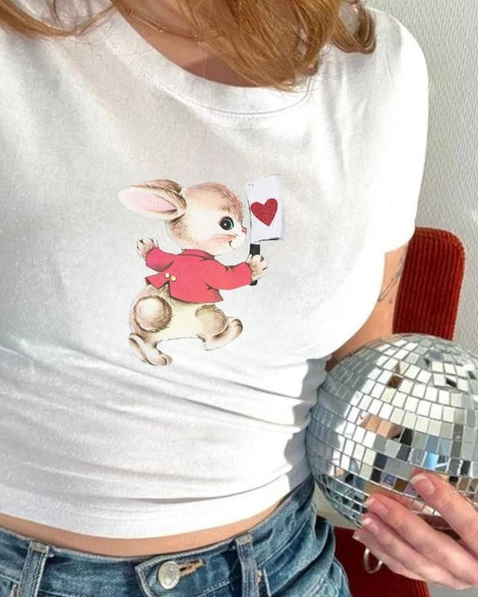 Retro Heart Bunny Baby Tee, 90s Clothing, Coquette Aesthetic, Vintage Graphic, Y2K Shirt, Cute Baby Tee, 2000s fashion