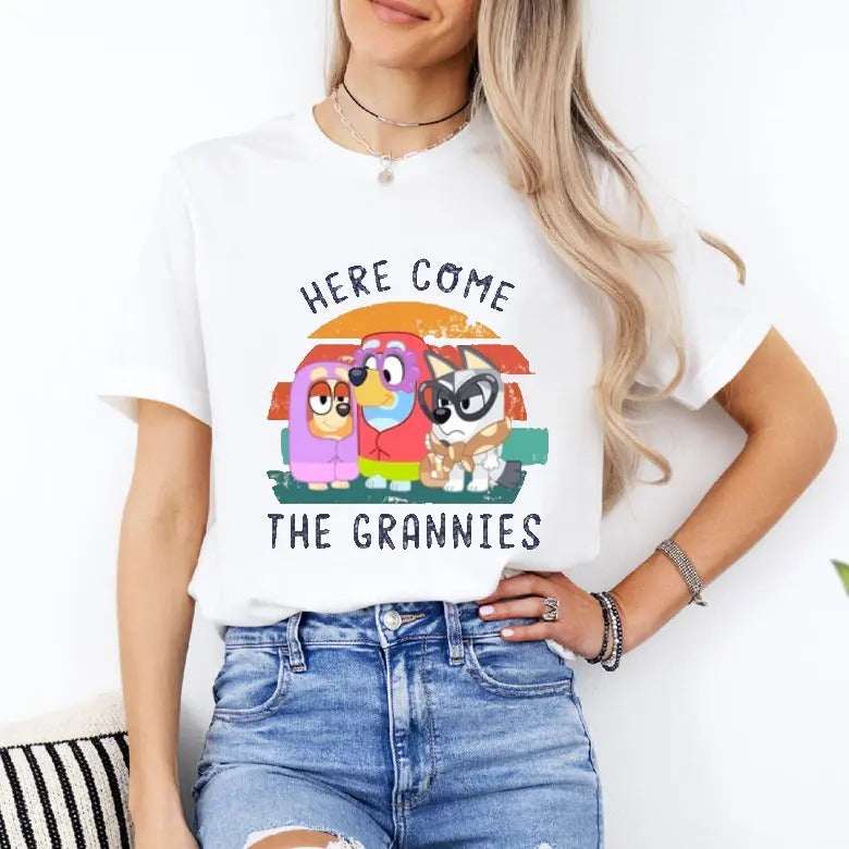 Retro Here Come The Grannies Tees, Holiday Tees, Blue Dog Sweatshirts, Bingo Shirt, Adult Toddler Youth Shirts, Unisex Shirt full Size Full Color