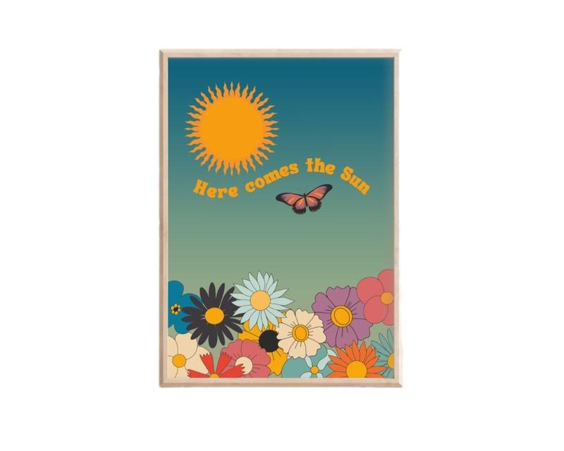 Retro Here Comes The Sun Art, Groovy Floral, 1970s 1960s, Retro Sunshine, Gifts For Family Friends Bedroom Decor, Poster Prints No Frame, Wall Decoration, Large Wall Art, Gifts For Birthday