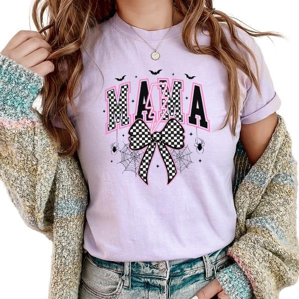 Retro-Inspired 'Mama' Checkered Print T-Shirt with Bats & Lightning Bolt - Vintage Washed, Unisex Sizing Small to 4X - Spooky Halloween Vibes, Perfect for Spooky Mama Style