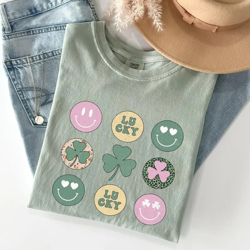 Retro Lucky Smileys, St Patrick's Day Comfort Colors Tshirt, Women's Crew Neck, Crewneck