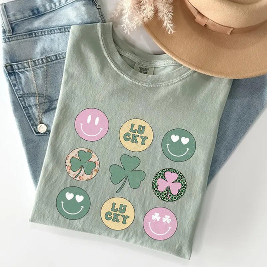 Retro Lucky Smileys, St Patrick's Day Comfort Colors Tshirt, Women's Crew Neck, Crewneck