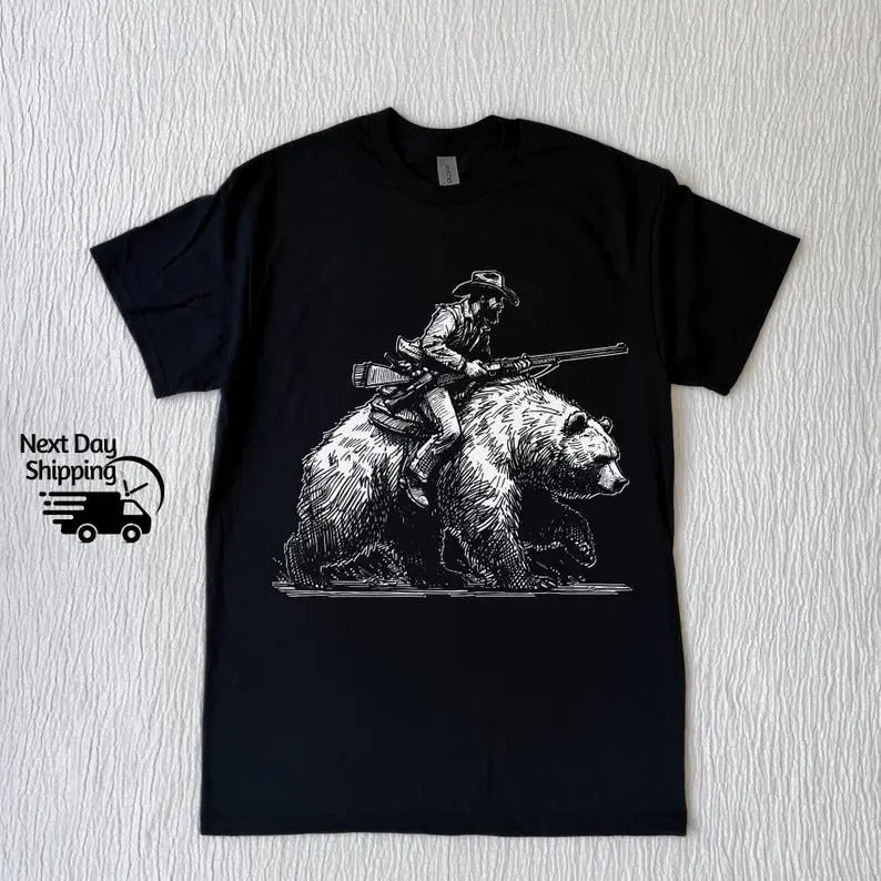 Retro Lumberjack Cowboy Riding A Bear 90s Tshirt, Vintage Hiking T-Shirt, Vintage Washed Shirt, Retro Distressed Shirt, Cool Young Men Gift