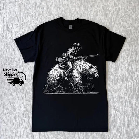 Retro Lumberjack Cowboy Riding A Bear 90s Tshirt, Vintage Hiking T-Shirt, Vintage Washed Shirt, Retro Distressed Shirt, Cool Young Men Gift