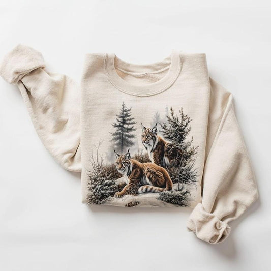 Retro Lynx Winter Forest Scene Sweatshirt - Nineties 90s Vintage Lynxes In The Snow Unisex Crewneck Sweatshirt Cotton Pullover Womenswear Day