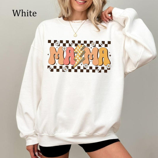 Retro Mama Checkered Sweatshirt, Boho Lightning Bolt Mom Shirt, Vintage Floral Mom Life Crewneck, Trendy Mother's Day Gift, Aesthetic Mama Shirt, Cozy Fleece Sweatshirt, Everyday Casual Comfort
