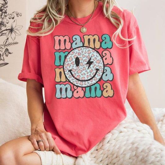 Retro Mama, Smiley, Leopard Print, Mother's Day, Mom, Comfort Colors Tshirt, Women's Crew Neck, Crewneck