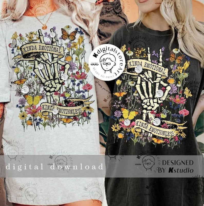 Retro Mental Health , Kinda Emotional, Vintage Shirt , Floral Skull Skeleton, Vintage Flower tee