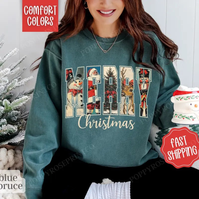 Retro Merry Christmas Sweatshirt Comfort Colors,  Cute Christmas Sweater Womenswear,  Holiday Crewneck