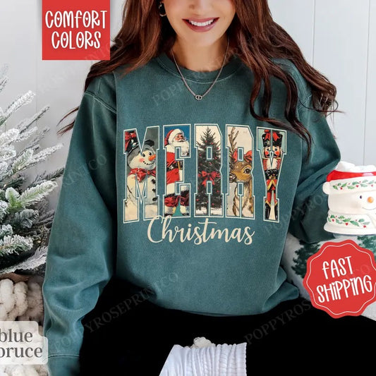 Retro Merry Christmas Sweatshirt Comfort Colors,  Cute Christmas Sweater Womenswear,  Holiday Crewneck