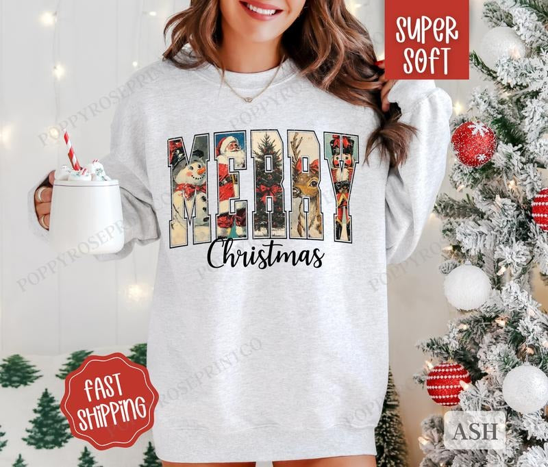 Retro Merry Christmas Sweatshirt, Cute Christmas Sweater, Women's Holiday Crewneck T-Shirts, Hoodie | WearSparks.com