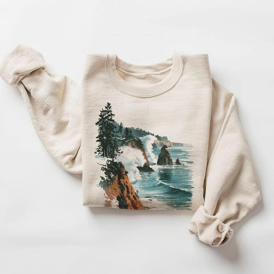 Retro Oregon Coast Winter Cliffs and Waves Sweatshirt - Tshirt 90s Vintage Vacation Sea Coastline - Boho Unisex Cotton Hoodie Pullover Menswear Day