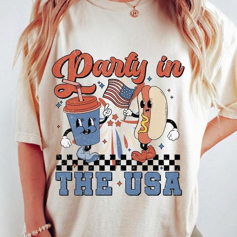 Retro Party In The USA Shirt, 4th Of July Shirts, Gift For Her, Indenpendence Day Gifts, Funny Fourth Of July Shirts, USA Hot Dog Funny Tee, USA Patriotic Tee, Shirt For Women, Trendy Celebration Shirt, Women's Tops Casual Comfort Womenswear Breathable