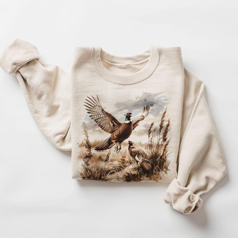 Retro Pheasant Bird Wilderness Scene Sweatshirt - 90's Vintage Game Birds Outfit - Boho Unisex Crewneck Sweatshirt