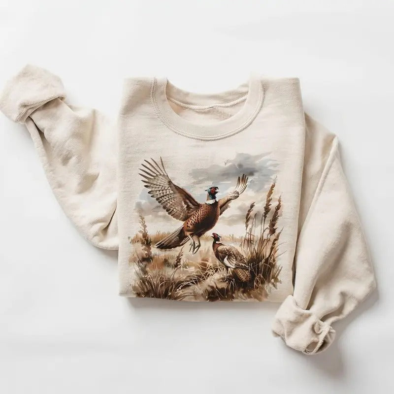 Retro Pheasant Bird Wilderness Scene Sweatshirt - 90's Vintage Game Birds Outfit - Boho Unisex Pullover Cotton Menswear Day