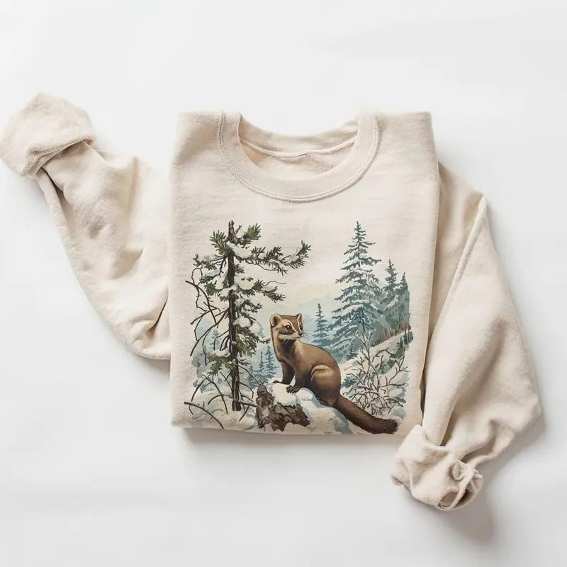 Retro Pine Marten Mountainside Winter Scene Sweatshirt - 90s Cute Mammals Nature Gift - Wildlife Watcher Hoodie Cotton...