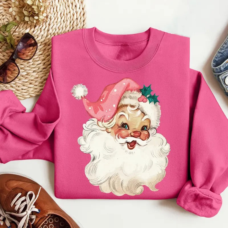 Retro Pink Santa Christmas Sweatshirt, Pink Christmas Sweater, Christmas Matching Sweatshirt, Vintage Pink Santa Christmas Crewneck, Winter Holiday Shirt, Xmas Christmas Gift Shirt