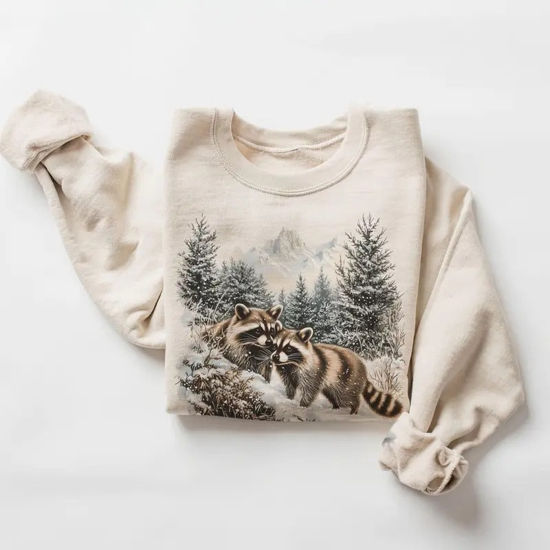 Retro Raccoons Snowy Forest Winter Scene Sweatshirt - Nineties 90s Vintage Cute Animals Outfit - Boho Unisex Crewneck Sweatshirt