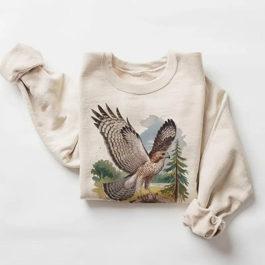 Retro Red Tailed Hawk Wings Spread Birding Sweatshirt - 90s Vintage Birds Of Prey Forest Nature Scene - Boho Unisex Crewneck Sweatshirt