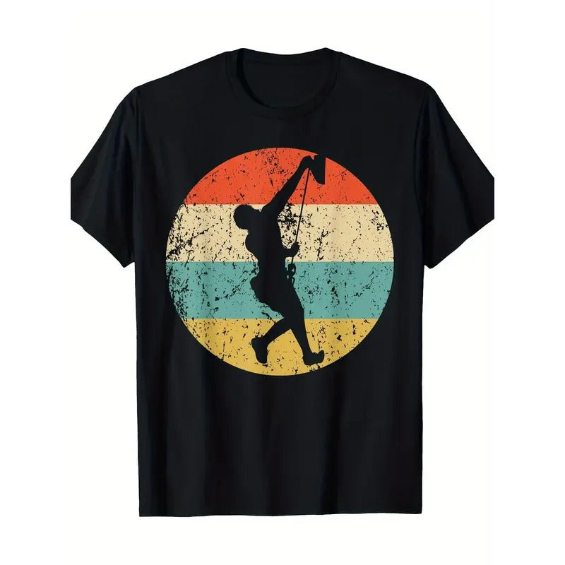 Retro Rock Climber Silhouette T-Shirt, 100% Cotton, Casual Round Neck, Short Sleeve, Geometric Pattern, Digital Print, Regular Fit, All Seasons Made in USA