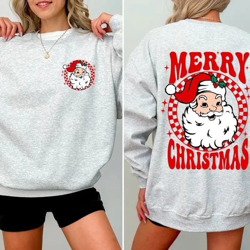 Retro Santa Checkered Sweatshirt, Merry Christmas Shirt, Cozy Winter Hoodie, Retro Santa Sweatshirt, Vintage Christmas Shirt, Winter Vibes Sweater