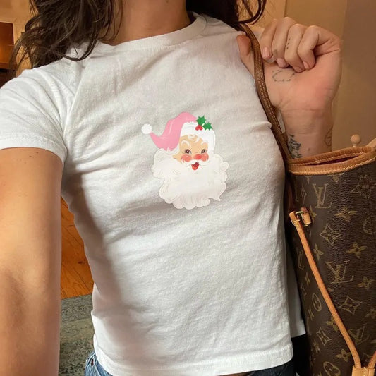 Retro Santa Claus Baby Tee Shirt for Women, Bold Graphic Tee for Holiday, XS-XL - Comfort, Casual Cotton Top