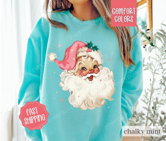 Retro Santa Sweatshirt Comfort Colors, Christmas Sweater,  Coquette Xmas Tshirt, Women's Holiday Crewneck