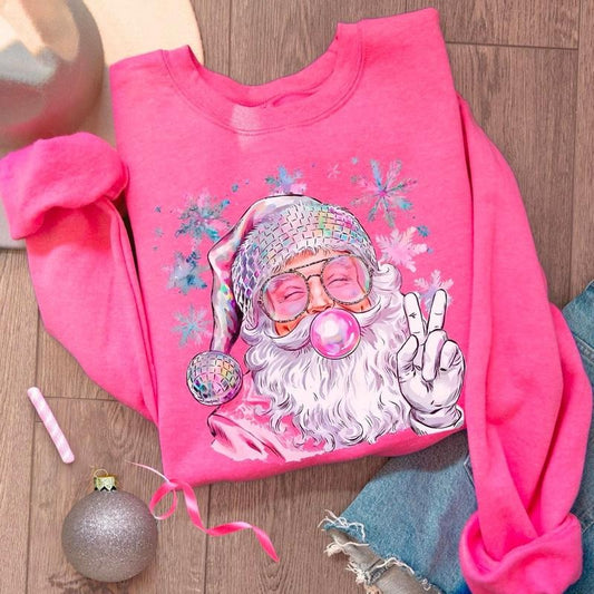 Retro Santa Sweatshirt, Pink Christmas Shirt, Women's Holiday Crewneck, Xmas Gifted for Her, Trendy Festive Sweatshirt, Santa Bubblegum Shirt, Girly Christmas Sweatshirt, Cute Santa Shirt