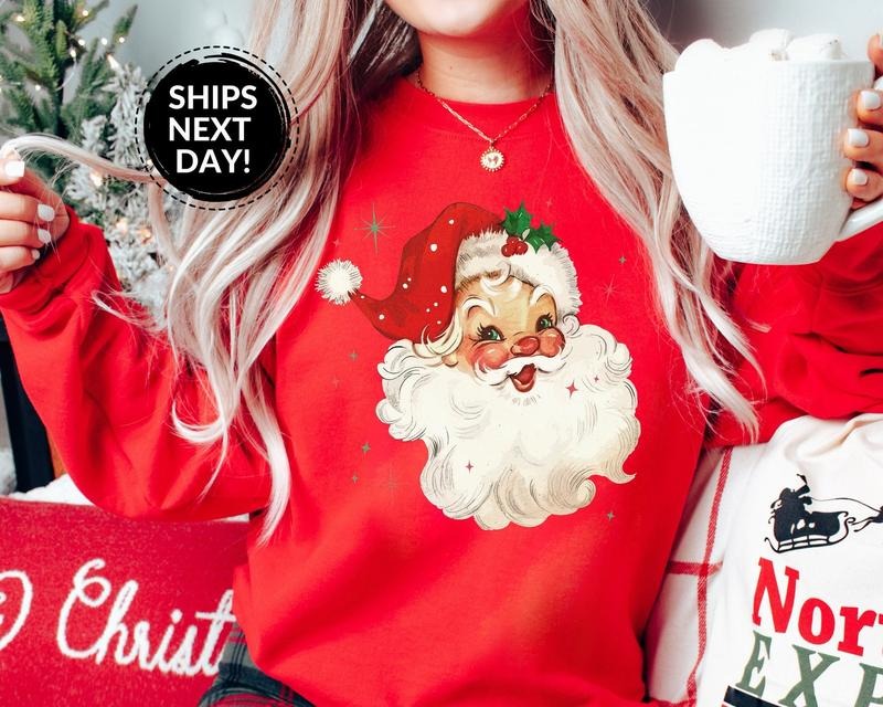 Retro Santa Sweatshirt, Vintage Santa Sweatshirt, Retro Christmas Santa Hoodie, Holiday Clothing Women, Santa Retro Style Crewneck, Christmas Sweatshirt for Woman, Vintage Santa Sweater