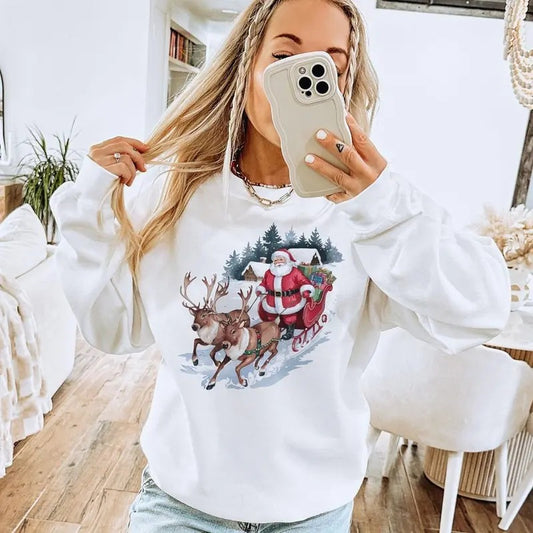 Retro Santa and Reindeer Christmas Winter Cabin Sweatshirt - 90s Santa Claus Sleigh Snowy Forest - Boho Unisex