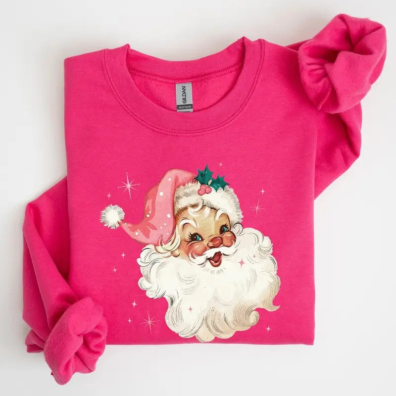 Retro Santa, Pink Christmas Sparkles, Vintage, Winter, Snow, Xmas Sweatshirt, Women's Crew Neck, Crewneck T-Shirts, Hoodie