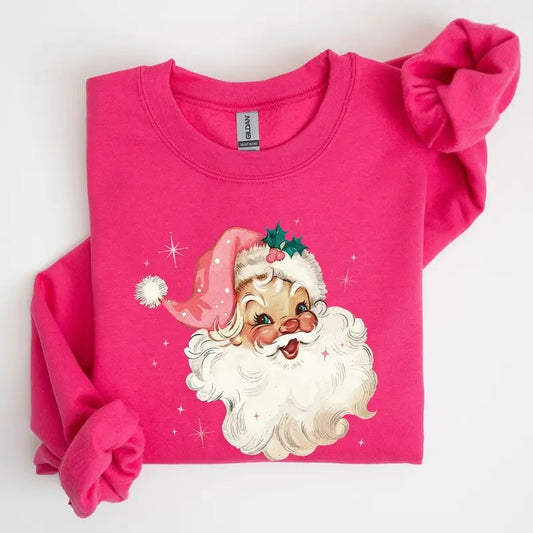 Retro Santa, Pink Christmas Sparkles, Vintage, Winter, Snow, Xmas Sweatshirt, Women's Crew Neck, Crewneck T-Shirts, Hoodie