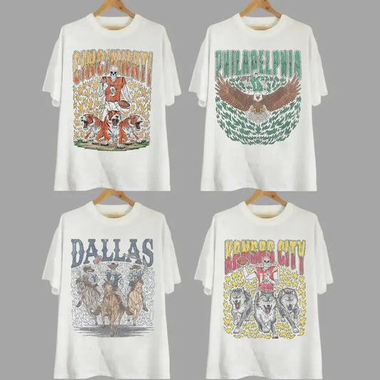 Retro Skeleton All Teams Football T-shirt, Gildan 5000 Unisex Crewneck Sport Classic T-Shirt All Teams Football, White Menswear Soft Tee