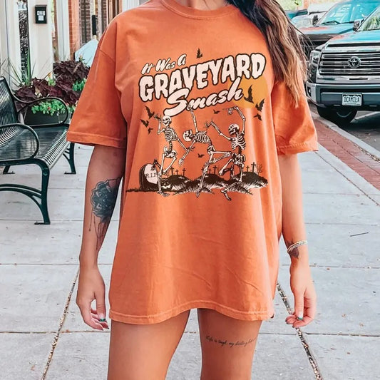Retro Skeleton Halloween Comfort Colors Tshirt, Trendy Fall Tee, Spooky Season, Graveyard Smash Shirt, Vintage Style Oversized Tee