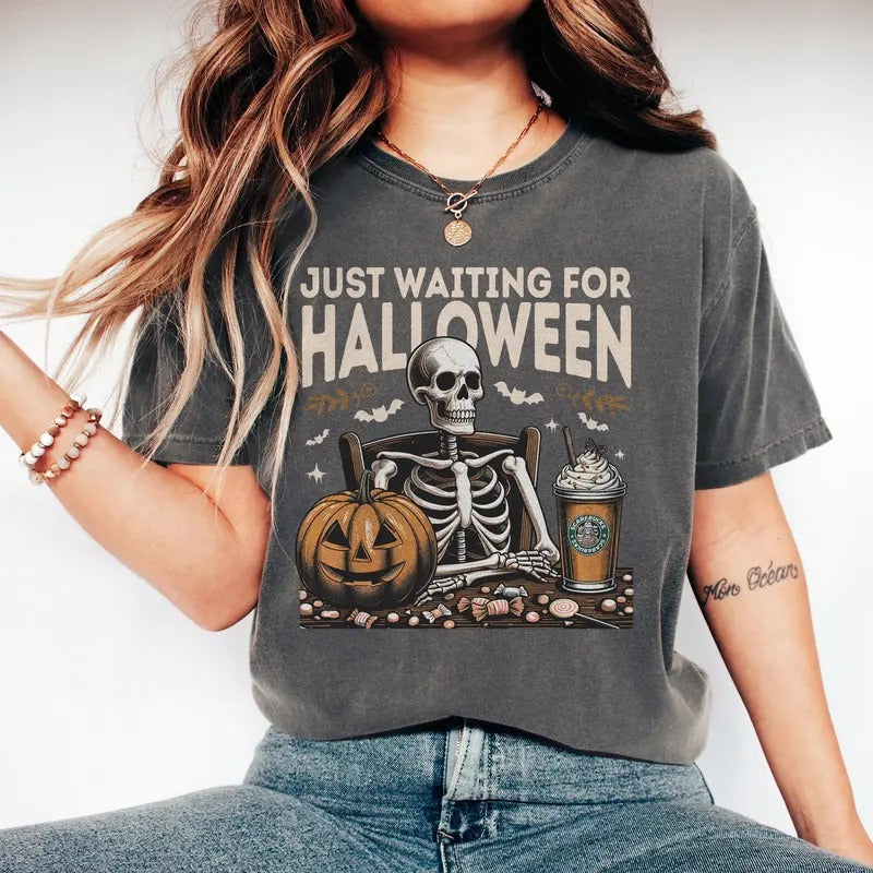 Retro Skeleton Waiting For Halloween, Funny Skeleton Shirt, Halloween Pumpkin, Spooky Season, Vintage Halloween Shirt