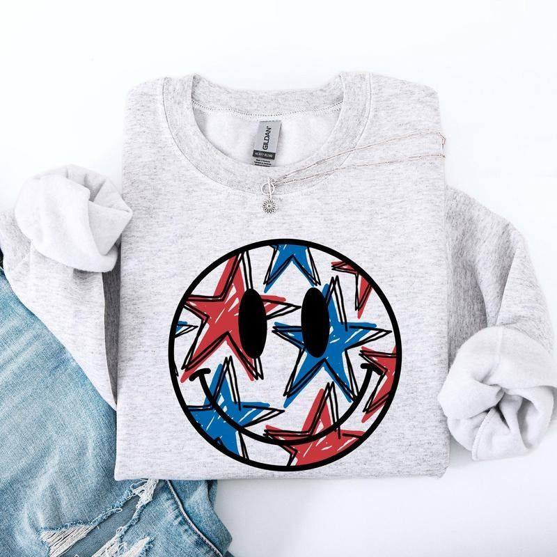 Retro Smiley, Patriotic, USA, America, 4th of July Sweatshirt, Crew Neck, Women's, Crewneck T-Shirts, Hoodie | WearSparks.com