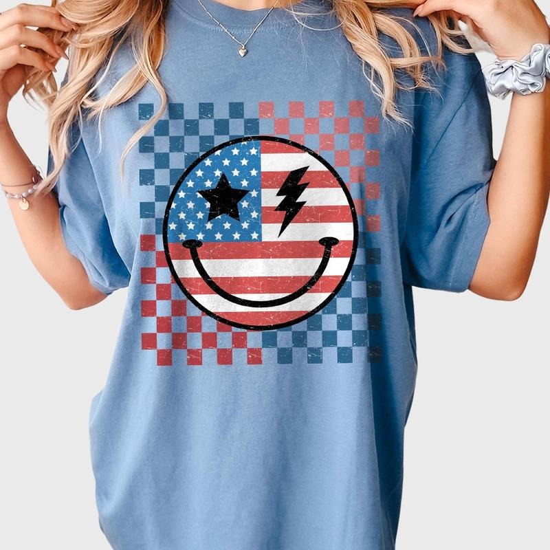 Retro Smiling 4th Of July Shirt, Patriotic Shirt, 4th Of July Checkered Shirt, America Shirt, Independence Day T Shirt, USA Flag Shirt, Funny 4th of July Gift T-shirt, American Tee, Independence Day Parade Outfits, 4th Of July Women Top Casual Comfort