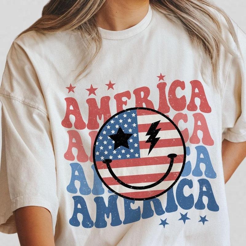 Retro Smiling America Shirt, Patriotic Shirt, 4th Of July Checkered Shirt, America Shirt, Independence Day T Shirt, USA Flag Shirt, Funny 4th of July Gift T-shirt, American Tee, Independence Day Parade Outfits, 4th Of July Women Top