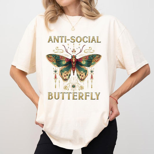 Retro Social Anxiety Butterfly Comfort Colors Shirt, Retro Butterfly Women Tee, Anti Society Moms Club T-shirt, Introvert Womenswear