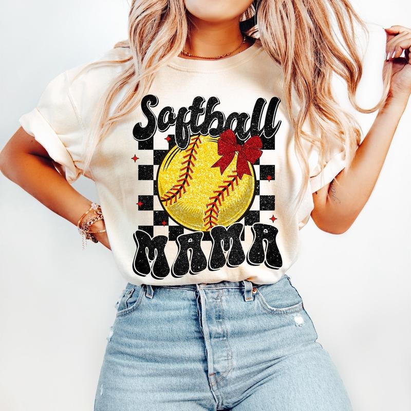 Retro Softball Mama Coquette T-Shirt, Softball T-Shirt, Softball Coquette T-Shirt, Game Day T-Shirt, Softball Mom T-Shirt, Checkered Softball Bow T-Shirt