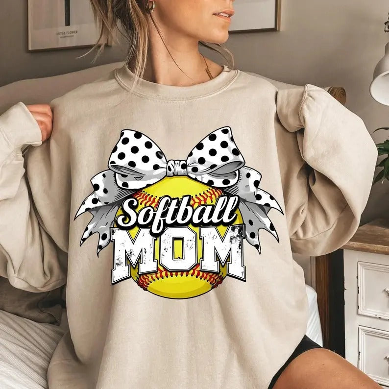 Retro Softball Mom Sweatshirt Coquette Bow Softball Mama Game Day Softball Bow Sports Shirt