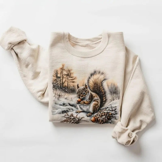 Retro Squirrel With Acorns Winter Forest Scene Sweatshirt 90s Vintage Cute Animals Outfit - Boho Unisex