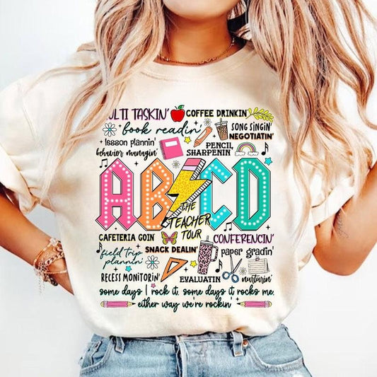 Retro Teacher Png Abcd Teacher Tour Png Back To School End Of Year Pnh Teacher Gift Kindergarten Teacher Png Elementary School Sleeve Womenswear Sleeve Womenswear