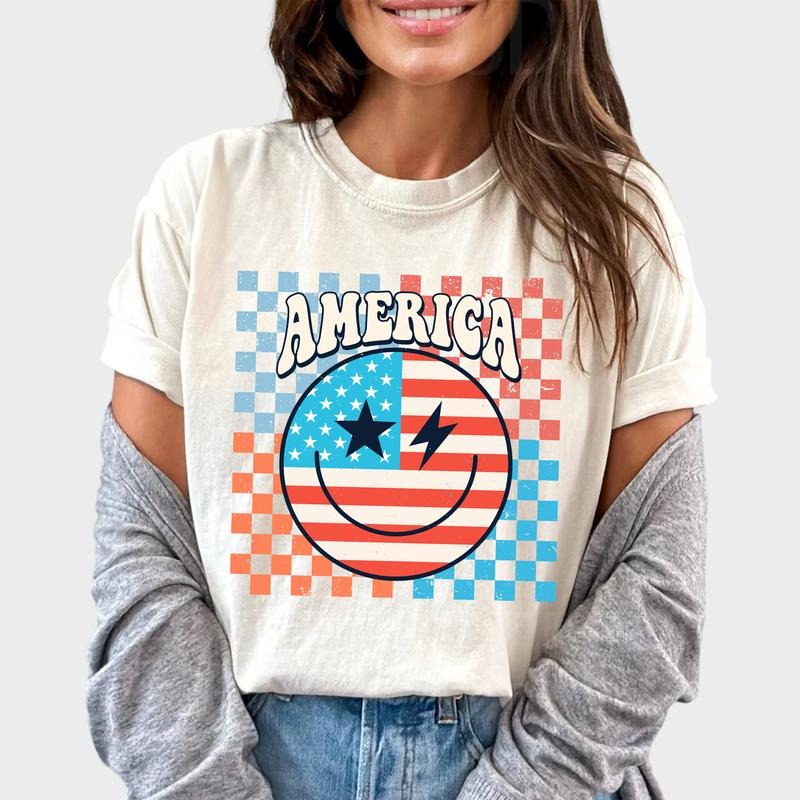 Retro USA Checkerboard Shirt, America Vintage Unisex Graphic Printed Tee, 4th Of July Unhinged Shirt, Retro Happy Face Independence Day T-shirt, Comfy Fabric Graphic Tee, Women's Tops, Womenswear, Menswear, Cotton Fabric Tee