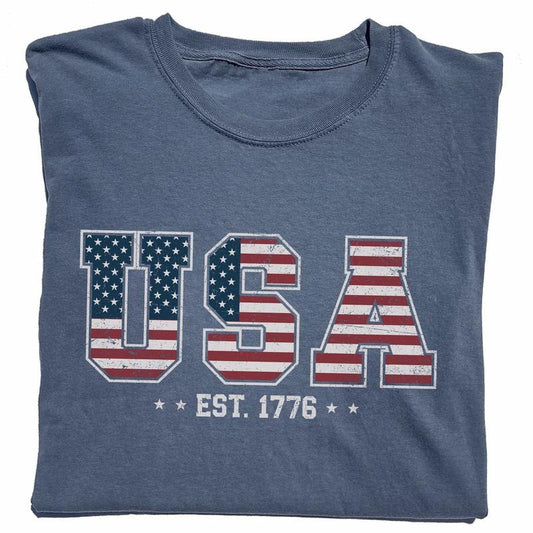 Retro USA Est 1776 Shirt, 4th Of July Vintage Unisex Unhinged Shirt, Independence Day Graphic Printed Tee, USA Flag Patriotic Comfy Fabric Graphic Tee, Women's Tops, Womenswear, Menswear, Cotton Fabric Relaxed Fit Chic Style