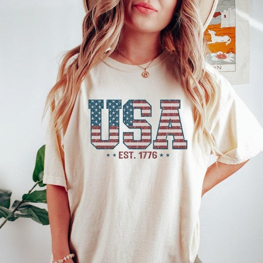 Retro USA Est 1776 Tshirt, America 4th of July T-Shirt, USA Flag Shirt, Stars and Stripes Tee, American Women Shirt