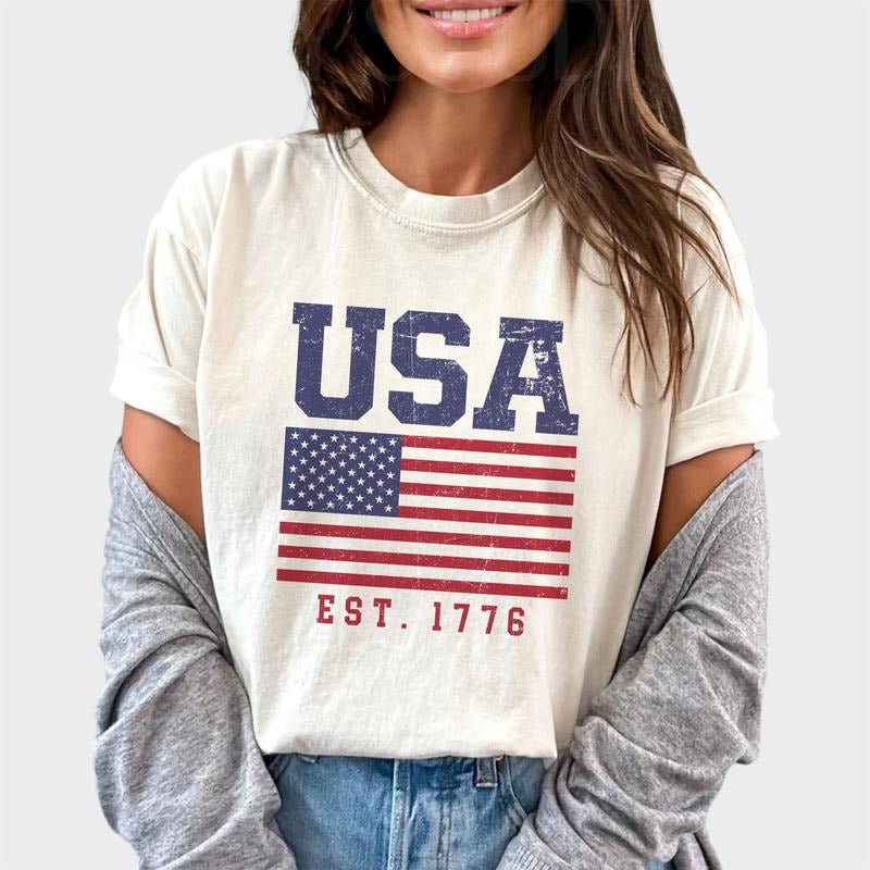 Retro USA Shirt, USA Flag Vintage Unisex Graphic Printed Tee, 4th Of July Unhinged Shirt, USA Est 1776 T-shirt, Independence Day Comfy Fabric Graphic Tee, Women's Tops, Womenswear, Menswear, Cotton Fabric Tee