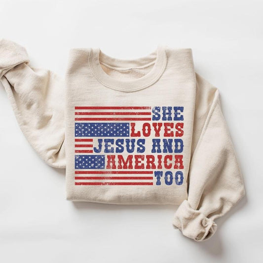 Retro USA Sweatshirt, She Loves Jesus And America Too, Womens USA Crewneck Sweatshirt, USA Shirt, America Sweatshirt, 4th of July Shirt