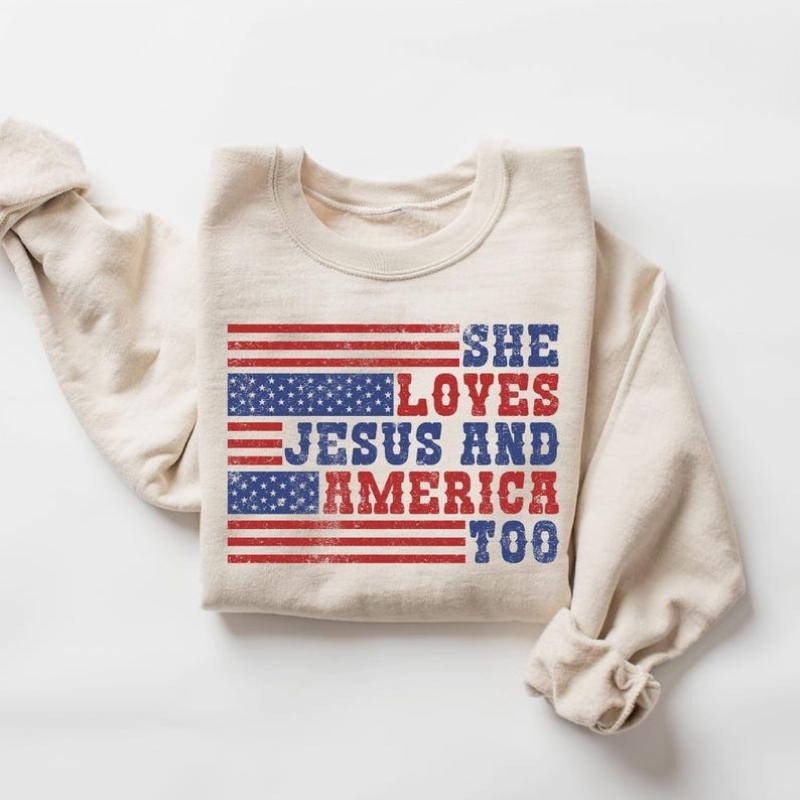 Retro USA Sweatshirt, She Loves Jesus And America Too, Womens USA Crewneck Sweatshirt, USA Shirt, America Sweatshirt, 4th of July Sweatshirt