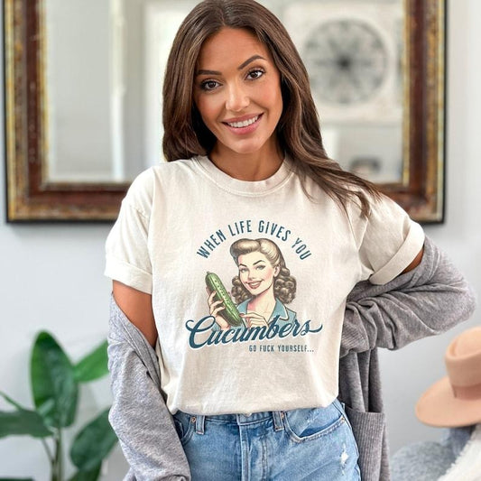 Retro Unhinged Adult Humor Tshirt, When Life Gives You Cucumbers Sarcastic Tee, Vintage-Style Inappropriate T-Shirt, Gag Gifts For Adults